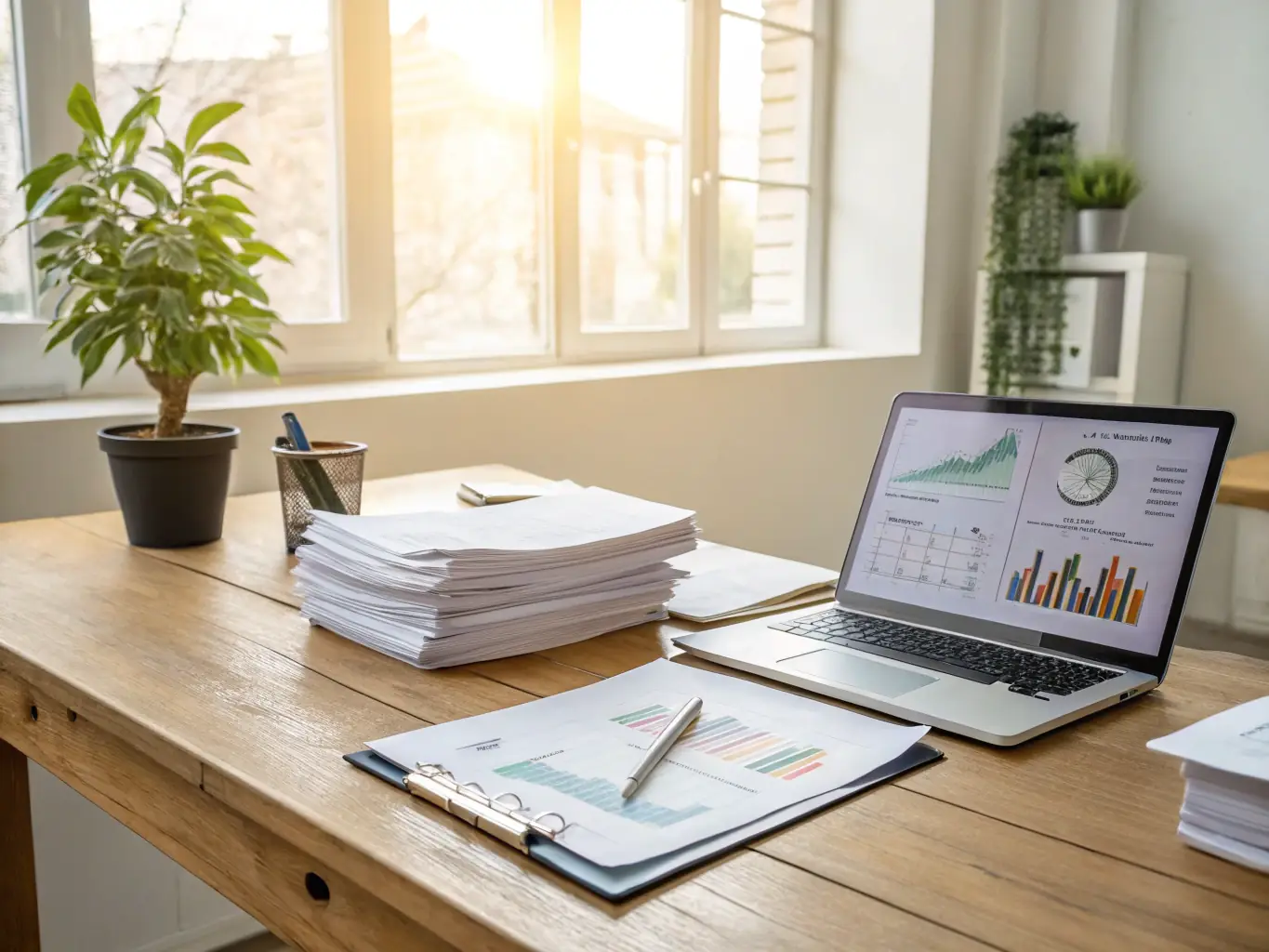 A recruiter is setting up their new office space, symbolizing the business setup assistance provided by Our Talent Network. The scene is bright and modern, conveying a sense of ease and efficiency.